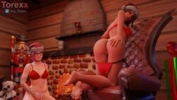 3d 3d_(artwork) bent_over big_ass brown_hair christmas christmas_hat fireplace fortnite fortnite:_battle_royale grabbing_own_ass looking_at_viewer lynx_(fortnite) pink_hair ruby_(fortnite) tagme torexx