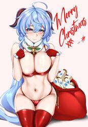 1girls bikini blush breasts christmas cleavage cowbell female ganyu_(genshin_impact) genshin_impact gloves goat_horns hi_res horn large_breasts merry_christmas navel nipple_slip smile thighhighs xkit69