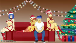 1boy 3girls big_breasts blindfold breasts christmas christmas_lights christmas_tree chuyryu commission equestria_girls female flash_sentry flash_sentry_(eg) friendship_is_magic hasbro hi_res highres imminent_foursome imminent_incest imminent_sex implied_incest incest large_breasts lazuli_melody_(oc) legs male mature_female milf mostly_nude mother_and_daughter mother_and_son my_little_pony original_character santa_costume santa_hat sexy_santa stockings summer_daydream_(oc) sunset_shimmer thighs