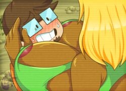 areola areola_slip big_breasts blush breasts brown_body brown_fur callie_(furry_force) collegehumor eyewear facial_hair female fur furry furry_force glasses goatee male male/female mammal parody purplevulpes redraw rodent saberspark sciurid shy white_body white_skin