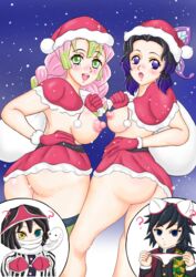 2boys 2girls big_nipples black_hair blush bra_on_head bra_removed braided_hair breast_size_difference christmas demon_slayer enuyuaru female female_focus gloves green_eyes hand_on_hip iguro_obanai kaburamaru kanroji_mitsuri kimetsu_no_yaiba kochou_shinobu looking_at_viewer looking_back miniskirt mole_under_eye no_panties panties_on_head panties_removed pink_hair purple_eyes santa_costume santa_hat sideboob tomioka_giyuu two_tone_hair