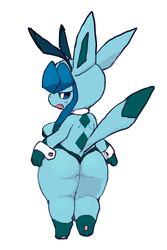 1girls 2:3 anthro ass breasts bunny_costume clothing costume eeveelution embarrassed fake_ears fake_rabbit_ears female female_only glaceon hi_res nintendo pokémon_(species) pokemon rear_view shortstack simple_background snaggle_tooth solo video_games white_background zamuzaza2