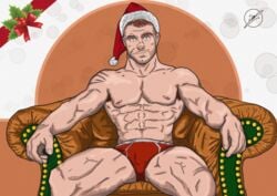 1boy bara beard christmas daddy gay horny leather male male_only muscles muscular nipples santa_claus santa_hat seated spaceguybob underwear