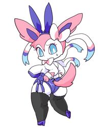 anthro anthrofied big_breasts blue_eyes bodily_fluids breasts bunny_costume clothing costume eeveelution eyelashes fake_ears female footwear high_heels legwear looking_at_viewer looking_back nintendo pokémon_(species) pokemon shoes shortstack solo sweat sylveon thick_thighs thigh_highs video_games zamuzaza2