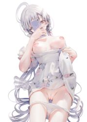 ahoge angel breasts clothes_pull clothing dress female female grey_hair hair_between_eyes halo high_resolution holding holding_object holding_smartphone iijima_masashi kimono large_breasts large_filesize long_hair nipples no_bra open_clothes open_shirt original paid_reward pantsu panty_pull purple_eyes robe shirt short_kimono silver_hair skirt skirt_lift skirt_pull smartphone solo thigh_gap uncensored underwear underwear_pull vagina very_high_resolution wafuku white_hair white_kinono white_panties white_underwear wings