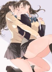 2girls ^_^ black_legwear blazer blush brown_hair closed_eyes embracing female hair_ornament hairclip hairpin hug jacket jewelry kissing long_hair morikura_en multiple_girls nopan original pleated_skirt school_uniform skirt thighs yuri