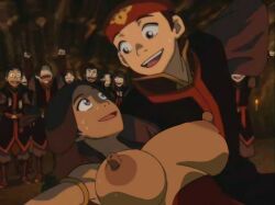 1boy 1girls aang aang_(kuzon) air_nomad airbender_tattoo areolae avatar_legends avatar_the_last_airbender breasts brown_hair brown_nipples brown_skin clothing diklonius edit erect_nipples female huge_breasts huge_nipples katara large_breasts long_hair long_nipples male nipples screenshot screenshot_edit the_avatar water_tribe