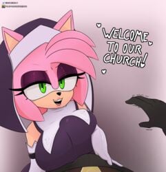 1boy 1boy1girl 1girls amy_rose anthro bare_shoulders berkthejerk big_breasts breasts bulge dialogue duo elbow_gloves english_text faceless faceless_character faceless_male female green_eyes hedgehog hetero human human_on_anthro large_breasts male nun nun's_habit nun_habit pink_fur pink_hair seductive seductive_smile sega shortstack smile smiling sonic_(series) sonic_the_hedgehog_(series) straight text