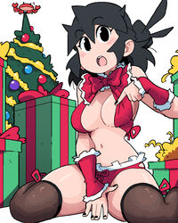 black_eyes black_hair blush bow_panties bra breasts christmas christmas_outfit cleavage crab frilled_panties lingerie lucia_(scott_malin) navel painted_nails panties red_bra red_panties scott_malin short_hair sweat sweatdrop tagme the_panty_bear thighhighs thighs wariza