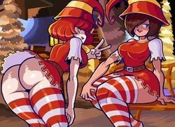 ass bent_over brown_eyes brown_hair christmas claudia_(valmar) dress erika_(valmar) female hair_over_one_eye hat looking_at_viewer looking_back minidress no_panties original red_hair short_hair sitting striped_legwear tagme thighhighs thighs valmar yellow_eyes