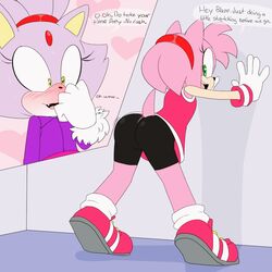 2girls alternate_costume amy_rose aroused athletic_female bike_shorts blaze_the_cat blush clothing compression_shorts dialogue domestic_cat eulipotyphlan feline female furry gloves green_eyes gym_clothes hairband heart hedgehog leggings looking_back mario_and_sonic_at_the_olympic_games pink_fur pink_hair presenting presenting_hindquarters purple_fur reaction_image sega shaking_lines sneakers sonic_(series) sonic_the_hedgehog_(series) spats sports_uniform stretching sweat tail text yellow_eyes yuri