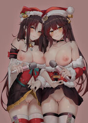 2girls absurdres bare_shoulders black_choker black_hair black_skirt breasts center_opening choker cleavage clothes_lift collarbone condom condom_packet_strip condom_wrapper cowboy_shot fur_trim girls'_frontline glowing glowing_eyes gradient_hair hat highres large_breasts lifted_by_self long_hair long_sleeves looking_at_viewer m14_(girls'_frontline) m14_(xmas_parade)_(girls'_frontline) m21_(girls'_frontline) m21_(xmas_at_home)_(girls'_frontline) miniskirt multicolored_hair multiple_girls navel nipples no_bra no_panties official_alternate_costume orange_eyes parted_lips pleated_skirt pussy red_headwear red_legwear red_shirt revealing_clothes ru_zhai santa_costume santa_hat sex_toy shirt skirt skirt_lift smile standing take_your_pick thigh_strap thighhighs thighs very_long_hair vibrator yellow_eyes