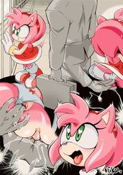 amy_rose anthro boots coolblue faceless_male fingering fingering_through_clothes from_behind hand_under_breasts human human_on_anthro no_panties pink_fur pink_hair sonic_(series) wet_panties