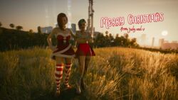 2girls 3d artist_request cgi christmas christmas_outfit cyberpunk_2077 female female_only judy_alvarez postcard tagme v_(cyberpunk_2077) valerie_(cyberpunk_2077)