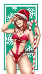 bikini bodysuit breasts christmas hips mewmich monokini peace_sign red_hair