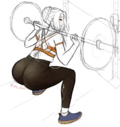 1girls ass back bare_back big_ass clothed elincia_ridell_crimea female_only fire_emblem fire_emblem:_path_of_radiance fire_emblem:_radiant_dawn jyx3 large_ass looking_back nintendo orange_eyes pantyhose short_hair solo squatting weightlifting workout workout_clothes