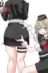 2girls absurdres armband ass ass_grab belt blonde_hair blue_eyes eyebrows_visible_through_hair girls'_frontline gloves grin hat head_out_of_frame highres military_hat mp40_(girls'_frontline) mp41_(girls'_frontline) multiple_girls necktie short_hair smile surprised thigh_strap toryu_fufu uniform wrist_cuffs