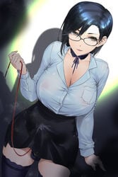 1futa big_breasts black_hair breasts brown_eyes bulge choker cleavage clothed clothing cowboy_shot erection erection_under_clothes erection_under_skirt eyebrows_visible_through_hair fully_clothed futa_only futanari glasses hair_between_eyes human large_breasts leash light-skinned_futanari light_skin long_sleeves looking_at_viewer medium_hair office_lady open_mouth original pale_skin panties precum_through_clothing skirt solo standing tenting teoshiguruma thighhighs tongue underwear