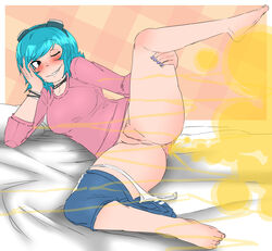 1girls anus asshole black_eyes blue_hair blush fart fart_cloud fart_fetish farting grabbing_own_leg hand_on_cheek laying_down laying_on_bed lazei one_eye_closed panties panties_around_leg panties_around_one_leg ramona_flowers scott_pilgrim short_hair smile solo_female vagina white_panties