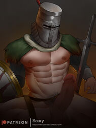 bara big_penis censored dark_souls erection fromsoftware functionally_nude helmet knight male male_only male_pubic_hair masked masked_male muscular muscular_male penis pubic_hair saury shield solaire_of_astora solo sword