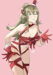 1girls ;d breasts christmas cleavage completely_nude eyebrows_visible_through_hair female female_only fire_emblem fire_emblem_awakening gloves green_eyes green_hair hat medium_breasts naked_gloves naked_ribbon nintendo nude older one_eye_closed pink_background pointy_ears ponytail red_gloves red_headwear ribbon ribboned_body sakuremi santa_hat smile solo tiara tiki_(adult)_(fire_emblem) tiki_(fire_emblem) wink wrapped_up