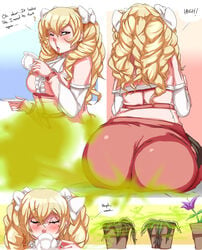 1girls big_ass big_butt blonde_hair blush closed_eyes english_text enormous_ass fart fart_cloud fart_fetish farting fire_emblem fire_emblem_awakening hair_ornament lazei lingering_stench maribelle_(fire_emblem) nintendo one_eye_closed open_mouth plants red_eyes sitting skull_symbol solo source_request stinky tea text wilting_flowers wilting_plants yoshizilla