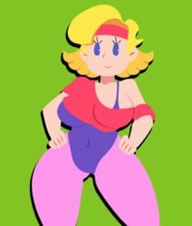 1girls 80's_theme big_breasts blonde_hair blue_eyes breasts clothed clothing earthbound_(series) eyelashes female female_only fully_clothed gym_clothes hands_on_hips headband leotard light_skin milf minus8 ness's_mom nintendo nintendo_moms_animation_(minus8) simple_background straight_hair sweatband wip