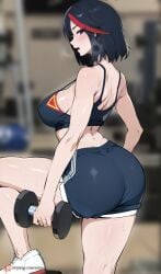 1girls ai_generated ass black_hair blue_eyes booty_shorts breasts dat_ass dumbbell exercise female gym gym_uniform huge_ass huge_breasts kill_la_kill kisou light-skinned_female light_skin matoi_ryuuko senketsu short_hair short_shorts shorts sport_shorts sports_bra sportswear thick_thighs