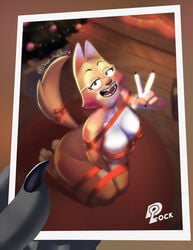 absurd_res anthro big_breasts bondage bound breasts canid canine christmas diane_foxington dreamworks duck_lock eyewear female fox glasses hi_res holidays mammal plant pov ribbons solo the_bad_guys thick_thighs tree