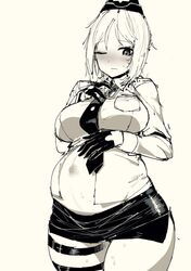 akitaka_takaaki blouse blush embarrassed female girls'_frontline gloves hand_on_own_stomach highres medal military military_uniform miniskirt mp40_(girls'_frontline) one_eye_closed open_clothes pregnant short_hair skirt solo stomach uniform