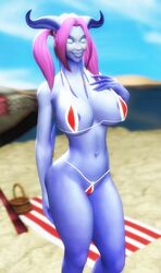 1girls 3d beach bikini blizzard_entertainment blue_skin creepy_smile draenei horns jigglyjelly pinup purple_hair warcraft world_of_warcraft