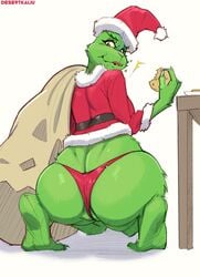 1girls 2021 ass ass_cleavage big_butt breasts butt butt_crack christmas christmas_clothing christmas_headwear clothing cookie desertkaiju dr_seuss female female_only food fur genderswap genderswap_(mtf) genitals green_body green_fur grinch hat headgear headwear hi_res hips holidays how_the_grinch_stole_christmas huge_butt humanoid kneeling looking_at_viewer looking_back mtf_crossgender partially_visible_vulva plump_labia pussy pussy_floss rear_view red_eyes rule_63 santa_hat simple_background solo solo_female thighs thong white_background wide_hips yellow_sclera