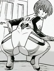 1girls ass bodysuit breasts clothing crotchless crouching female goldencanvas human looking_back neon_genesis_evangelion pilot_suit plugsuit rei_ayanami short_hair skin_tight solo solo_female