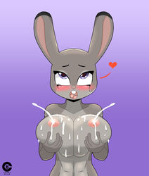 abs anthro blue_eyes blush breasts bunny darktemplar2 disney furry grey_fur heart-shaped_pupils huge_breasts judy_hopps lactation lagomorph large_breasts nipples open_mouth saliva solo solo_female zootopia zootropolis