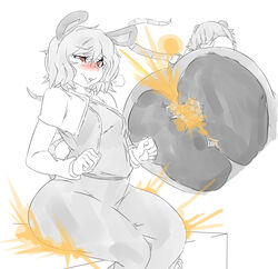 3girls animal_ears big_ass big_butt blush brown_eyes butt_crush chen fart fart_cloud fart_fetish fart_torture farting female_only giantess lazei multiple_girls nazrin open_mouth rin_kaenbyou short_hair sitting sitting_on_person smile tail thick_thighs touhou uncolored yuri