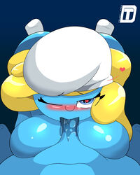 blonde_hair blue_eyes blue_skin blush darktemplar2 hat heart-shaped_pupils huge_breasts large_breasts long_hair oral smurfette the_smurfs wink