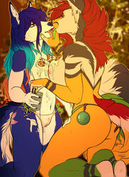 2girls absurd_res anthro ass basian blue_body blue_fur blue_hair bodily_fluids breasts breasts_touching butt_tattoo canid canine canis christmas clothing cum cum_in_a_cup domestic_dog duo female female/female female_only food fur genital_fluids genitals green_body green_fur hair hi_res holidays husky hyaenid kari_(yeen_shield) long_hair mammal multiple_girls nordic_sled_dog orange_body orange_fur oreo pussy red_hair spitz tattoo tongue tongue_out translucent translucent_clothing underwear white_body white_fur yeen_shield