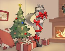 2021 anthro biped blep bondage breasts canid canine canis christmas christmas_tree claws cleft_of_venus closed_eyes digital_media_(artwork) digitigrade female femsub fireplace fur genitals gift gift_wrapped grey_body grey_fur happy_sub hi_res holidays inside mammal multicolored_body multicolored_fur plant pussy ribbon_bondage schmutzo solo toe_claws tongue tongue_out tree two_tone_body two_tone_fur under_boob wolf