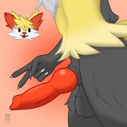 animal_genitalia animal_penis anthro balls black_body black_fur blep braixen canid canine canine_penis close-up erection fur genitals gesture hi_res inner_ear_fluff knot male male_only mammal nintendo penis pokémon_(species) pokemon pokemon_(species) red_body red_fur sirdoomwolf solo tongue tongue_out tuft v_sign video_games white_body white_fur yellow_body yellow_fur