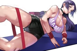 1girls big_breasts breasts choker cleavage elastic exercise fate/grand_order fate_(series) large_breasts long_hair minamoto_no_raikou_(fate/grand_order) on_side shorts solo sports_bra sweat yoshi55level yoshio_(55level)