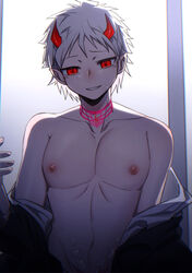 1boy absurdres alternate_hair_color bangs black_jacket collarbone cum cum_on_body danganronpa danganronpa_2:_goodbye_despair demon_boy demon_horns facial groin hand_up highres hinata_hajime horns jacket looking_at_viewer male_focus navel nipples off_shoulder pink_tattoo protected_link red_eyes red_horns shirt short_hair short_pointy_ears straight_hair tattoo teeth topless_male white_hair white_shirt_cuffs