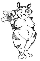 3_toes anthro batty_(artist) blush breasts eyelashes fangs feet felid female genitals hands_behind_back looking_away mammal monochrome nipples nude pack_street pandora_(weaver) pantherine pussy smile smirk solo standing striped_body stripes tail_motion tailwag tiger toes wide_hips