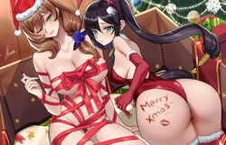 2girls absurd_res ass bare_shoulders bell bell_collar big_ass big_breasts big_butt black_hair blush body_writing bow breasts brown_hair bunny_ears christmas christmas_hat christmas_headwear christmas_outfit christmas_tree collar collarbone detailed_background female from_behind genshin_impact gloves green_eyes headband hi_res highres hips huge_ass huge_breasts huge_butt in_box kiss_mark large_ass large_breasts large_filesize leotard lipstick lipstick_mark lipstick_on_ass lisa_(genshin_impact) looking_at_viewer looking_back mona_(genshin_impact) multiple_girls one_eye_closed piukute062 pussy_lips red_gloves red_legwear red_leotard red_stockings ribbon ribbon_bondage ribboned_body santa_hat shoulders sideboob sitting slim_waist small_waist smile stockings thick thick_ass thick_thighs thighhighs thighs twintails waist wide_hips wink wrapped writing_on_ass writing_on_skin