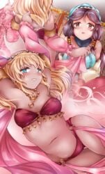 2girls arabian_clothes belly_dancer belly_dancer_outfit blonde_hair blue_eyes blush brown_hair dancer dancer_outfit dark_skin detached_sleeves harem harem_girl harem_outfit liliokajrozo multiple_girls original original_characters yuri