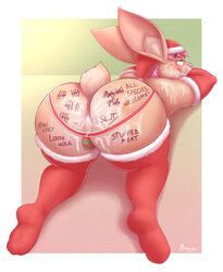 absurd_res anthro ass blush bodily_fluids body_writing brownieclop bulge christmas christmas_clothing christmas_headwear clothing cum cum_in_ass cum_inside cum_on_butt cum_on_face digital_media_(artwork) english_text footwear gangbang garland genital_fluids girly group group_sex hair hat headgear headwear hi_res holidays jockstrap lagomorph leporid looking_at_viewer male male/male mammal nipples rabbit santa_hat sex simple_background smile socks solo tally_marks tattoo text tinval underwear