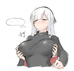 ... 1other 2poet ak-12_(girls'_frontline) bangs blush breasts closed_eyes covered_nipples eyebrows_visible_through_hair female girls'_frontline groping korean_text long_hair simple_background spoken_ellipsis sweatdrop white_background white_hair