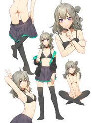 1girls absurdres ahoge armpits ass bare_shoulders black_jacket black_legwear black_skirt bra breasts butt choker cleavage collar commission crossed_arms cute egirl female fringe girls'_frontline grey_hair hair_bun highres honey_badger_(girls'_frontline) jacket long_hair multiple_views nude open_clothes open_jacket pale-skinned_female petite purple_eyes second-party_source seductive_look side_bun side_ponytail simple_background sitting sitting_indian_style skinny skirt skirt_down skirt_removed slim small_ass small_breasts smile teenager thighhighs tutimaru0730 underwear undressing white_background