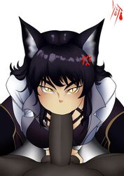 1boy 1girls angry big_penis black_hair blake_belladonna cat_ears eye_contact fellatio hands-free mystral_outfit oral oral_sex pov rwby suicidetoto testicles