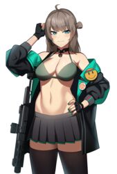 1girls ahoge badge bangs bikini bikini_top black_gloves black_jacket black_legwear blue_eyes blush breasts brown_hair button_badge cero_(last2stage) choker collar cute egirl eyebrows_visible_through_hair female fingerless_gloves fringe girls'_frontline gloves green_nails grey_hair gun hair_bun hand_on_hip headset highres honey_badger_(girls'_frontline) honey_badger_(gun) jacket large_breasts long_hair looking_at_viewer midriff nail_polish navel off_shoulder open_clothes open_jacket pale-skinned_female petite pleated_skirt purple_eyes seductive_eyes seductive_look seductive_smile side_bun side_ponytail simple_background skinny skirt slim smile smiley_face smug smug_face smug_smile solo swimsuit teenager thighhighs weapon white_background