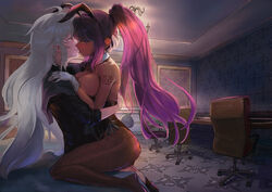 1boy 1girls adult_and_teenager age_difference artist_request bare_shoulders big_breasts blue_archive breasts bunny_ears bunnysuit camelot casino chair clothed clothed_sex clothing cowgirl_position dark-skinned_female desk_chair fake_animal_ears fate/grand_order fate_(series) fishnets fit_female french_kiss gloves happy_sex interracial karin_(blue_archive) karin_(bunny)_(blue_archive) kissing kissing_while_penetrated large_breasts leotard long_hair mature_male merlin_(fate) older_male older_man_and_teenage_girl older_penetrating_younger pantyhose sex slim_waist straddling straight tagme_(artist) teenage_girl teenager thick_thighs vaginal_penetration younger_female